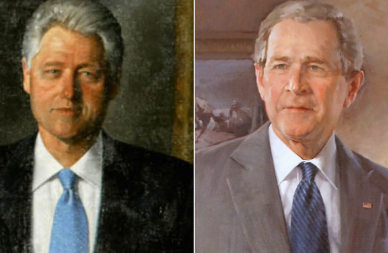 White House portraits of Bill Clinton and George W. Bush moved from prominent space to rarely used room