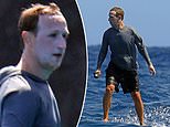 Mark Zuckerberg is pictured with lashings of sunscreen on his face as he rides the waves in Hawaii