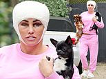 Katie Price sports two black eyes and wears a full head bandage after having an eye and brow lift